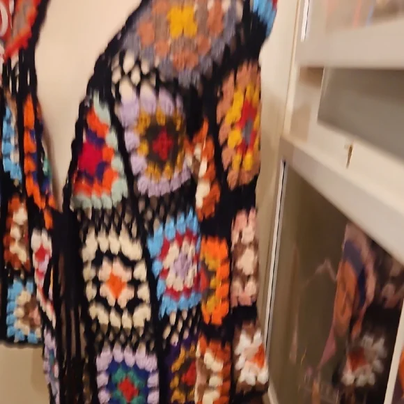 Colorful Crochet Open-Front Long Maxi Hand Crafted Cardigan - Picture 5 of 10